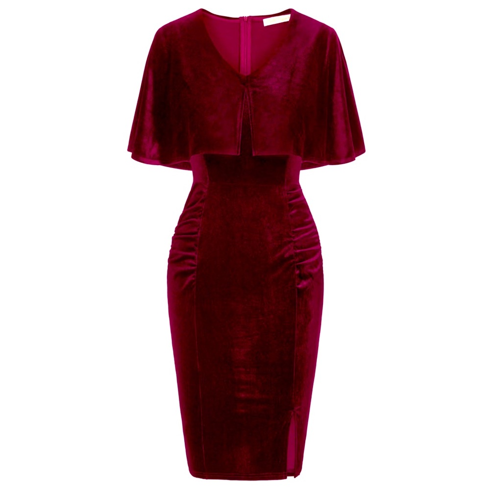 Vintage Velvet Dress Cape Sleeve V-Neck Ruched Bodycon Dress